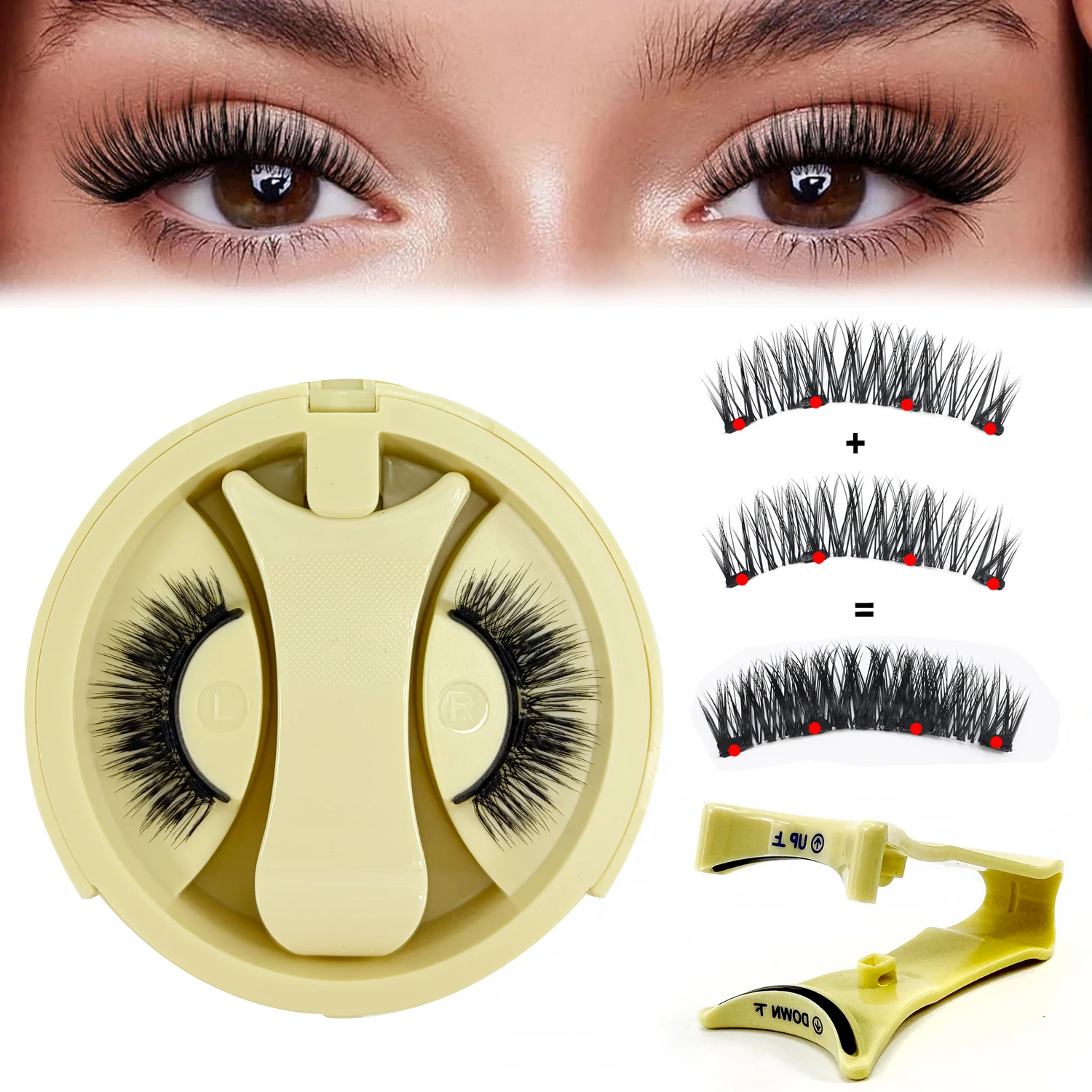 No Glue Magnetic Fake Eyelashes Natural Fluffy Lashes with Applicator & Storage Case Reusable Makeup Lashes