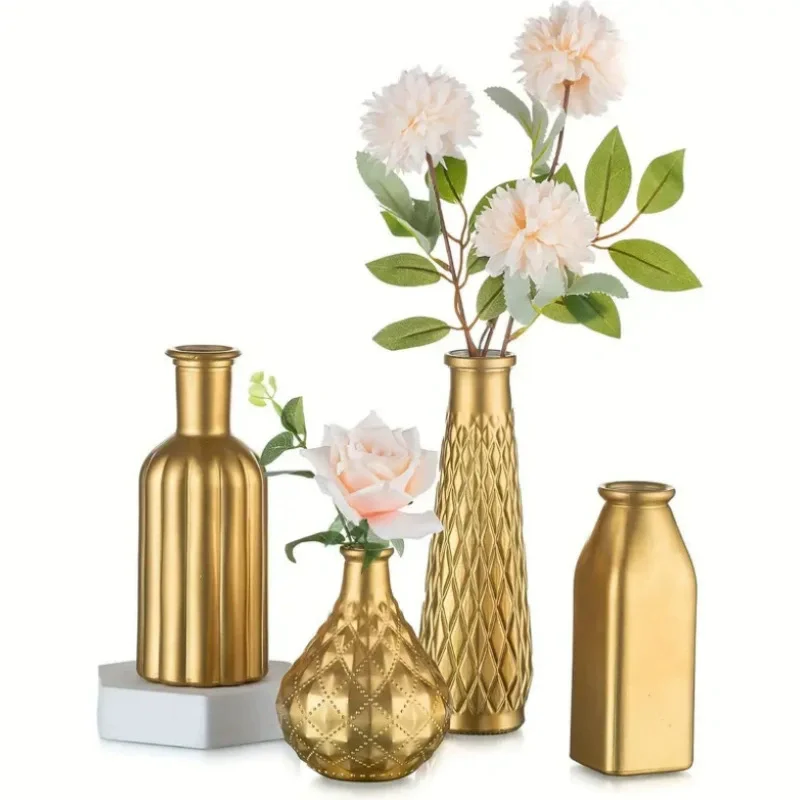 Cylindrical Gold Glass Vase, Gilded Finish Antique Art Style, Home Decoration, Table Centerpiece, Christmas Decoration 4pcs