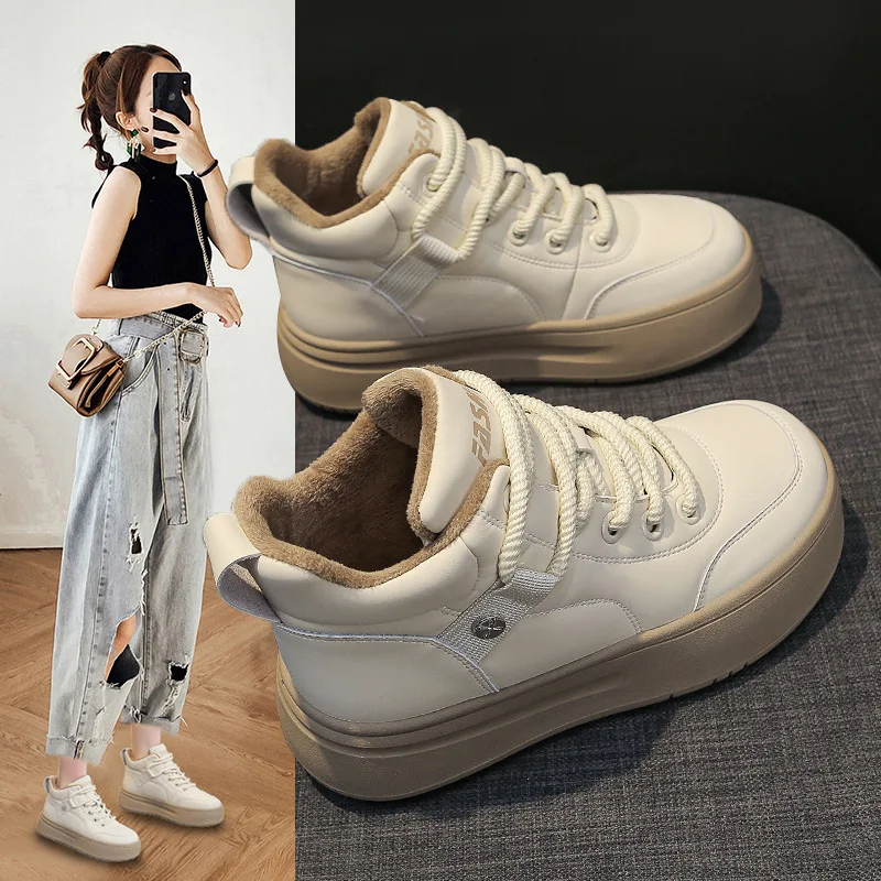 

Women's Vulcanized Shoes Autumn Winter Lace Up Leather Plus Velvet Warm Cotton Shoes Thick Sole Leisure Sneakers tenis de mujer