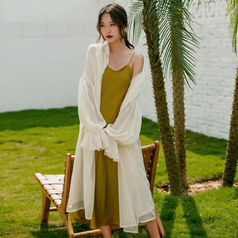 Ice Silk Sunscreen Clothing, Women\'s Thin Shawl Chiffon Jacket Solid Color Long Cardigan Loose Top Tie Up Coat Direct Sales E307