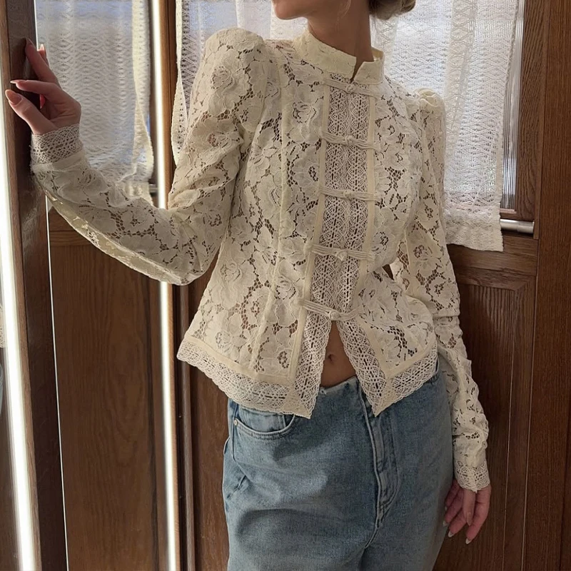 OMSJ Women's 2025 Stylish Commuting Lace Hook Flower Stand Neck Slim Single Breasted Long Sleeve See-through Elegant Blouse Tops
