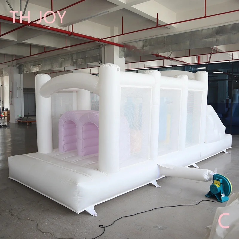 fast air shipping, 7x2.5m kids commercial inflatable obstacle course, white bouncy house with obstacle toys jumper slide combos