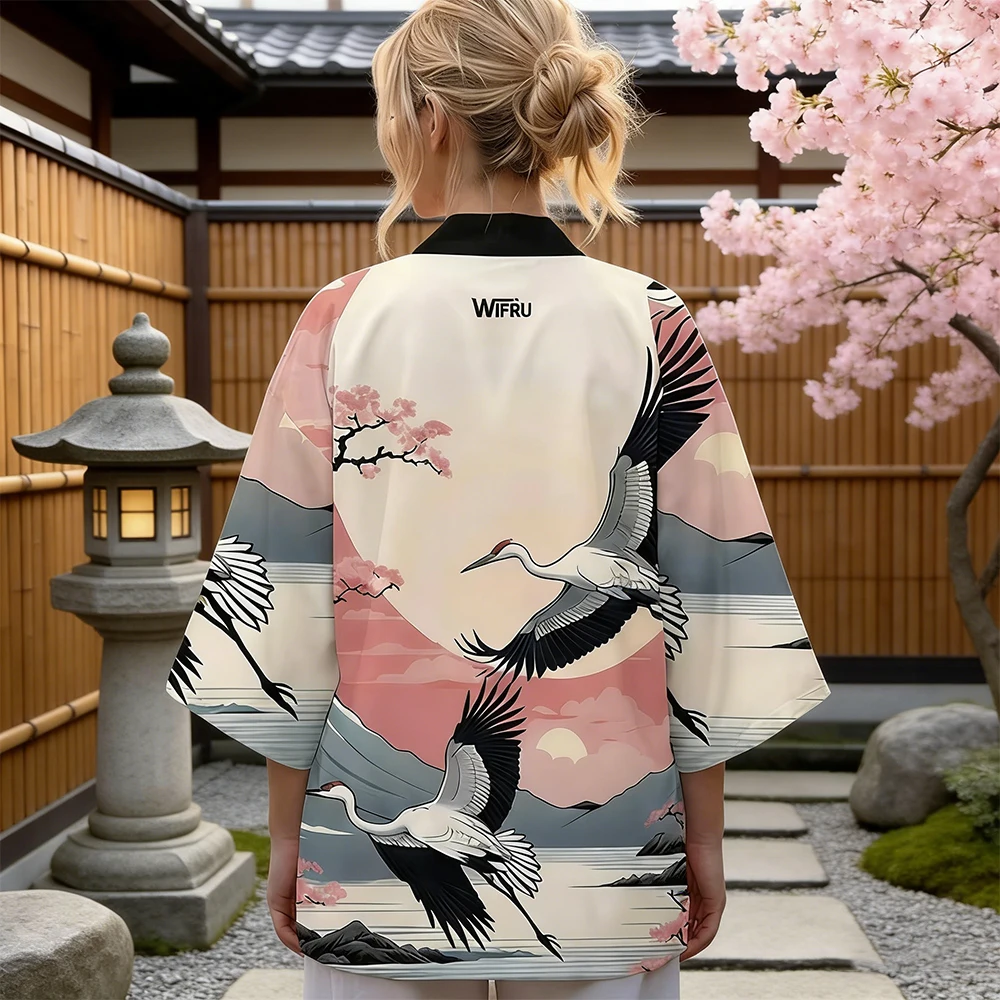 

Japanese Traditional Style Print Kimono Women's Harajuku WIFRU Vacation Beach Cardigan Yukata Crane & Cherry Blossom Clothing