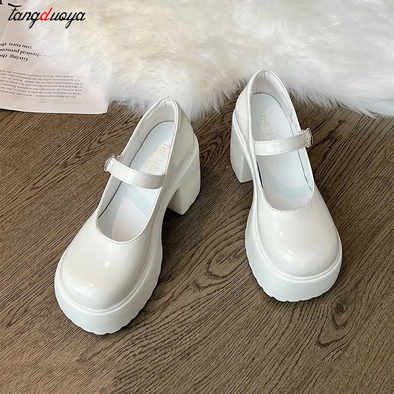 white platform heels Gothic Punk Shoes Platforms Mary Jane Shoes Fashion Ladies Uniform Thick Heel Shoes College Lolita Pumps