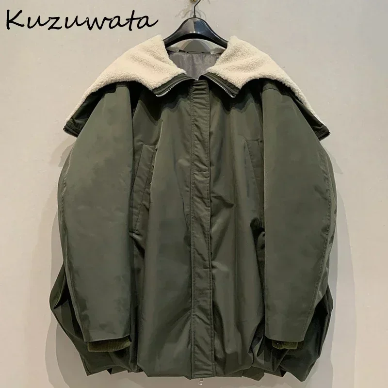 Kuzuwata Long Sleeve Hooded Casual Soft Jacket Zip Slim Fit Loose Button Elegant Parkas Coat Japan New Moda Pocket Outwears