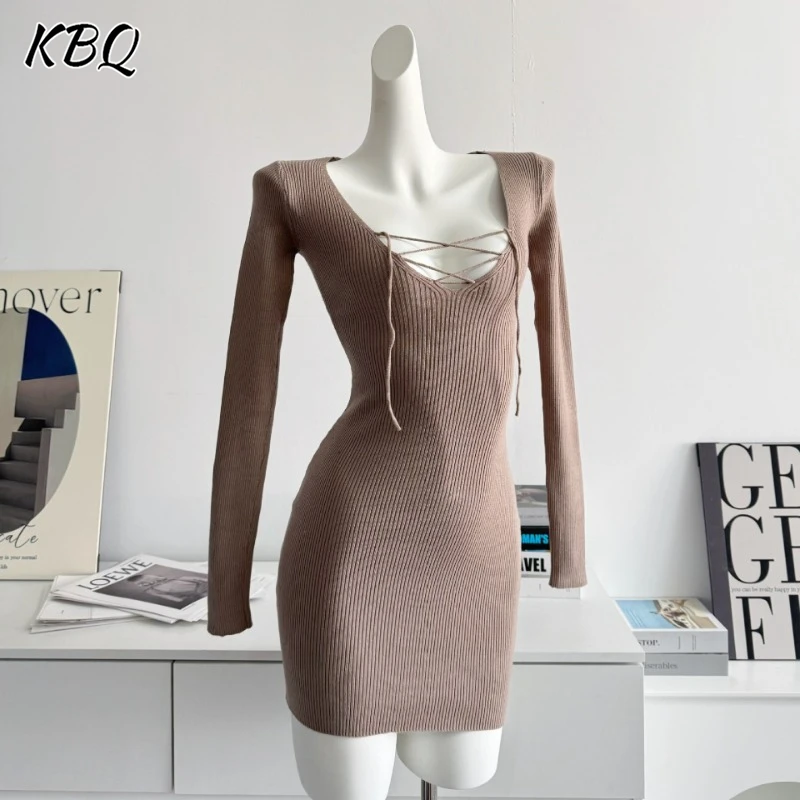 

KBQ Elegant Solid Slimming Spliced Lace Up Dresses For Women Square Collar Long Sleeve Tunic Knitting Dress Female Fashion New