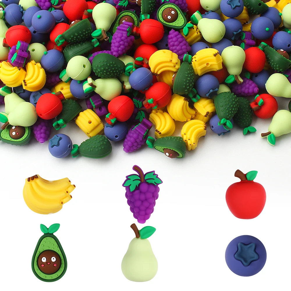6/12/20pcs 3D Fruit Silicone Beads Bananas Grapes Pears Assorted Fruit Focal Beads For DIY Jewelry Pens Keychain Making Supplies