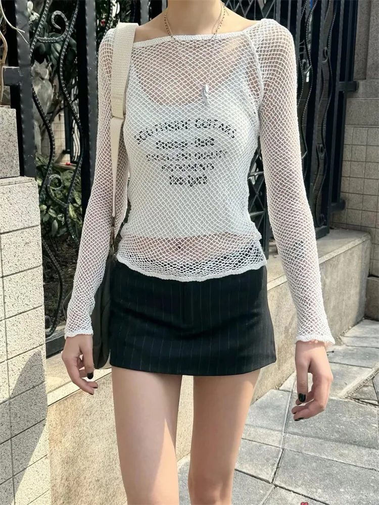 Sweet Women White Fishnet Top 2024 Fashion Summer Ladies Vintage Slim Long Sleeve Tops Female Slash Neck High Street T-shirt