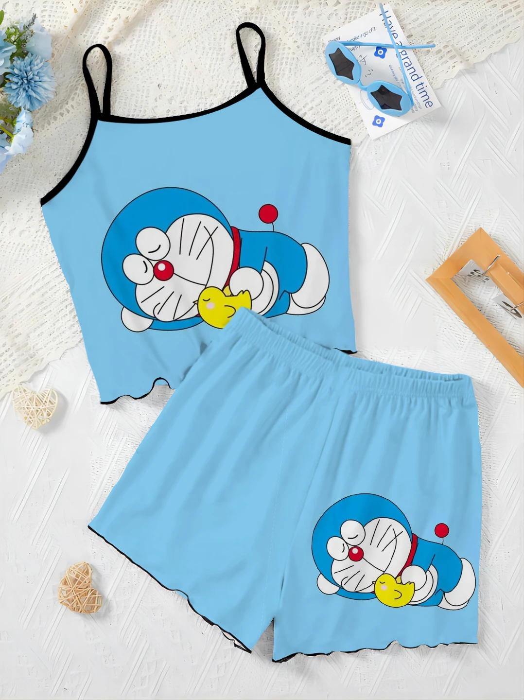 Home Dress Lettuce Trim Elegant Women's Sets for Women 2 Pieces Pajama Skirt Top Doraemon Satin Surface T-shirt Short Suit Top