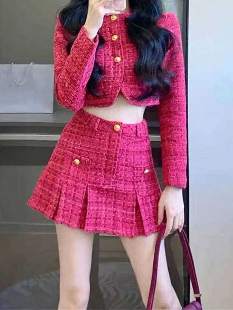 Fashion Rose Red Suit Women 2023 Autumn O-Neck Gold Button Long Sleeve Short Coat+High Waist A-Line Pleated Skirt Two-Piece Set