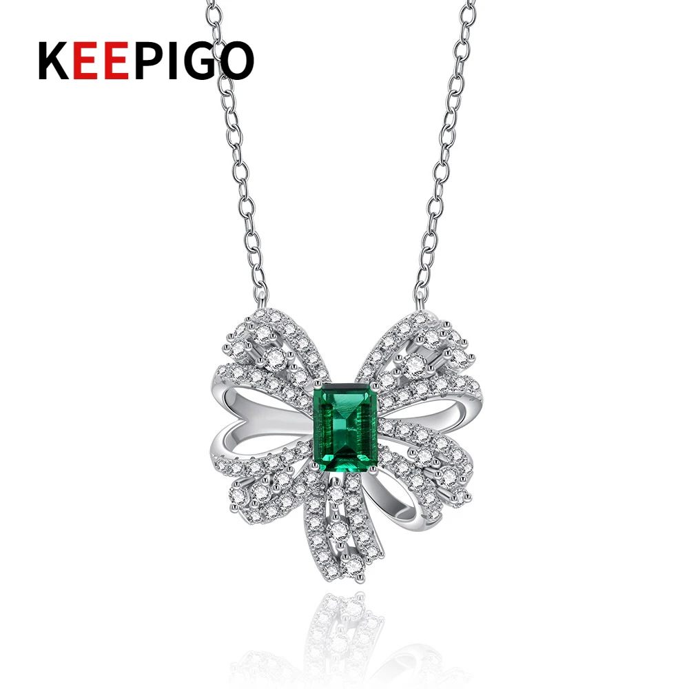 KEEPIGO S925 Sterling Silver 5*7mm Emerald High Carbon Diamond Bowknot Pendant Necklace For Women Wedding Party Fine Jewelry set