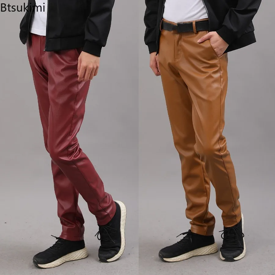 

Spring Autumn New Men Leather Pants Skinny Elastic Trend PU Leather Trousers Handsome Motorcycle Pants Man Streetwear Pantalones