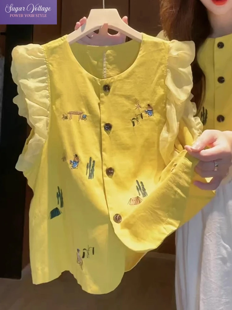 

Retro Trendy Unique Summer Blouse Women Yellow Puff Sleeve Mesh Tops Embroidery Button Shirt Niche Cute Scenic Outdoor Style