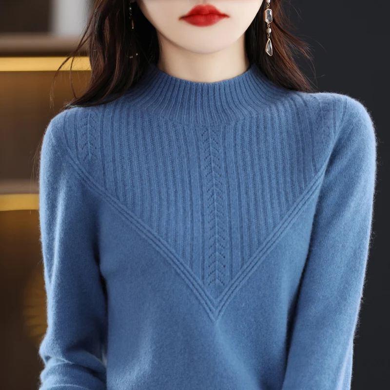 Autumn Winter Fashion Pure Wool Knit Sweater Women Pullover Long Sleeve Half High Collar Warm Triangle Hollow Chic Cashmere Top