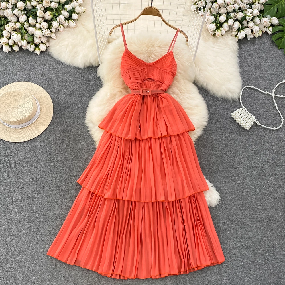 

Halter Sexy Women Vestidos Fashion French Style Aesthetic Elegant High Wiast Y2k Backless Summer Beach Belt Ruffles Red Dresses