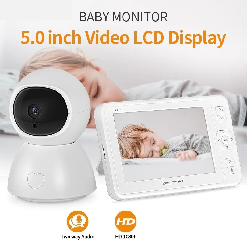 Top Baby Monitor com Visão Noturna HD, Nanny Video Camera, Gravação e Reprodução com Cartão SD, 2-Way Talk, 8 Lullabies, 2MP, 5 polegadas