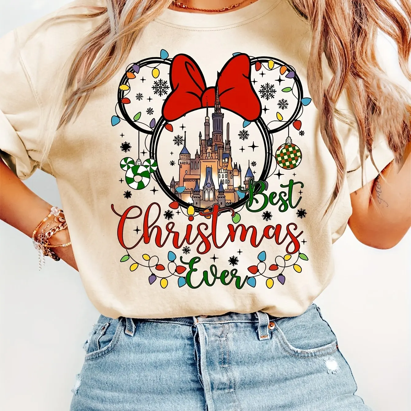 

Disney Mickey Mouse Christmas T-Shirt Cotton Women Casual Trendy Oversized Streetwear Loose Short Sleeve Unisex Event Outfit