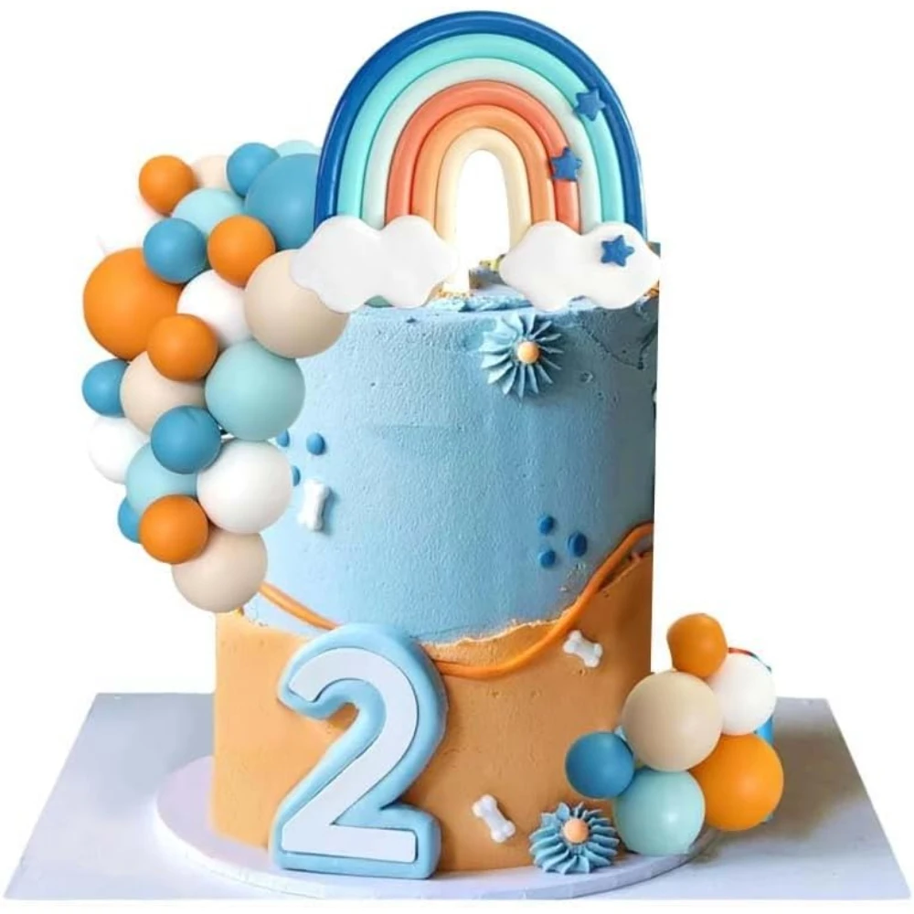 Toppers de bolo arco-íris azul vibrantes com bolas brancas laranja - suprimentos de decoração para festas de aniversário e chá de bebê para cães