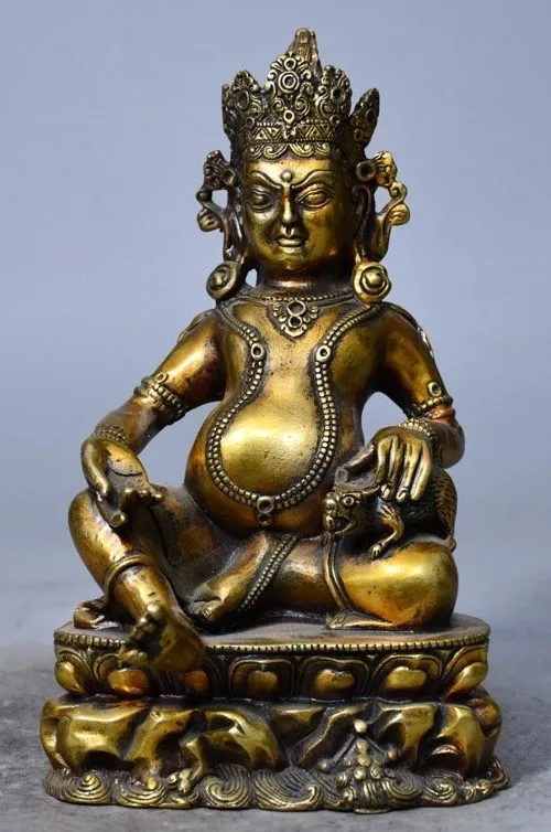 7''Old Tibet Buddhism Bronze Yellow Jambhala Wealth God Buddha Mouse Statue