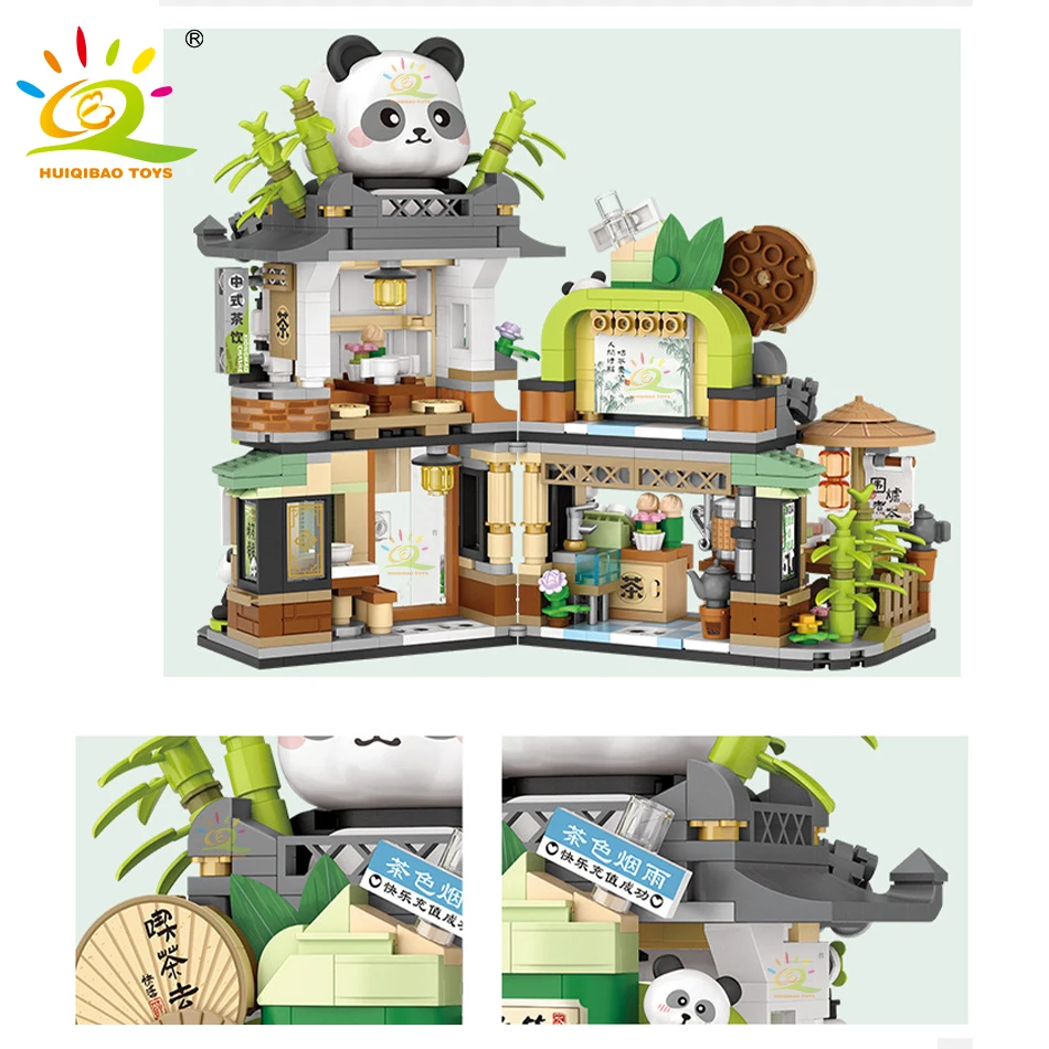 HUIQIBAO City Mini Street View Panda Tea House Model Building Blocks DIY Little Bear Coffee Shop Bricks Toys for Children Adult