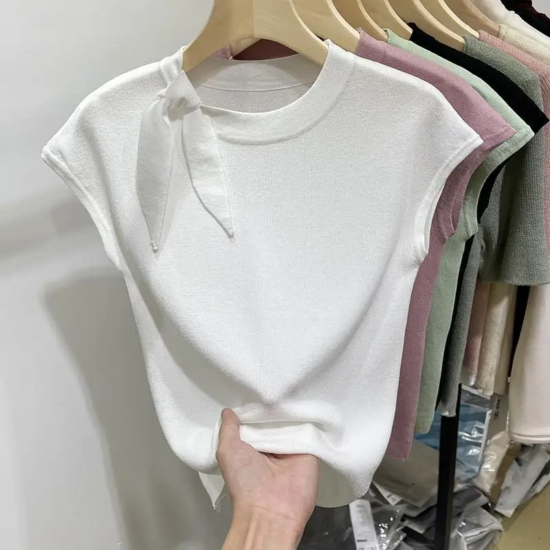 Round Neck Ice Silk Short-sleeved Knitted T-shirt for Women New Style in Summer 2024 Slim-fit Small Flutter Sleeves Blouse Top