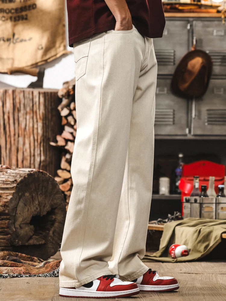 

Светло-бежевые хлопковые мужские джинсы в американском ретро-стиле, прямые, свободного кроя, повседневные, длинные брюки, удобные, дышащие, молодежные, модные