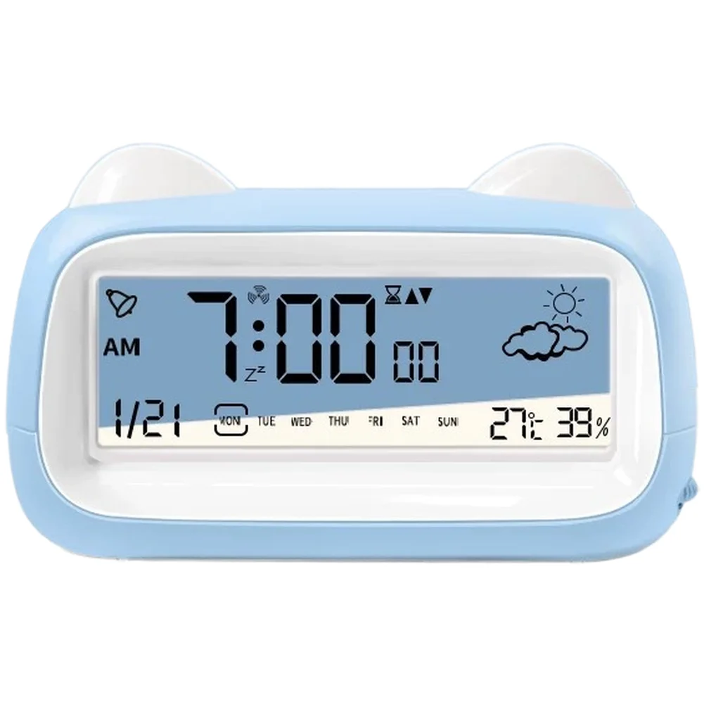 Digital Alarm Clock Transparent LCD Display with Calendar Timer Temperature Humidity Monitor USB Rechargeable for Desk Use