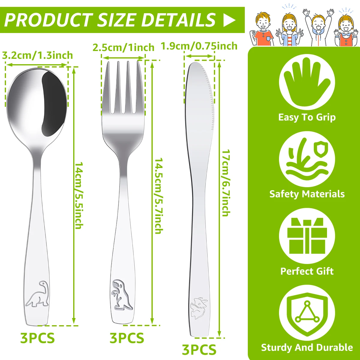 9Pcs Kids Silverware Set 410 Stainless Steel Kids Fork Spoon and Cutter Set Safe Toddler Utensils Dinosaur Kids Flatware Set