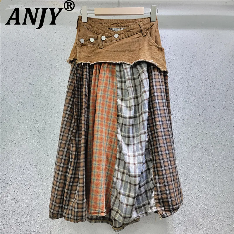 

ANJY Autumn New Women Streetwear Skirt Denim Spliced Plaid Contrast Color Stylish Asymmetric Skirts Fashion Vintage Casual A8724