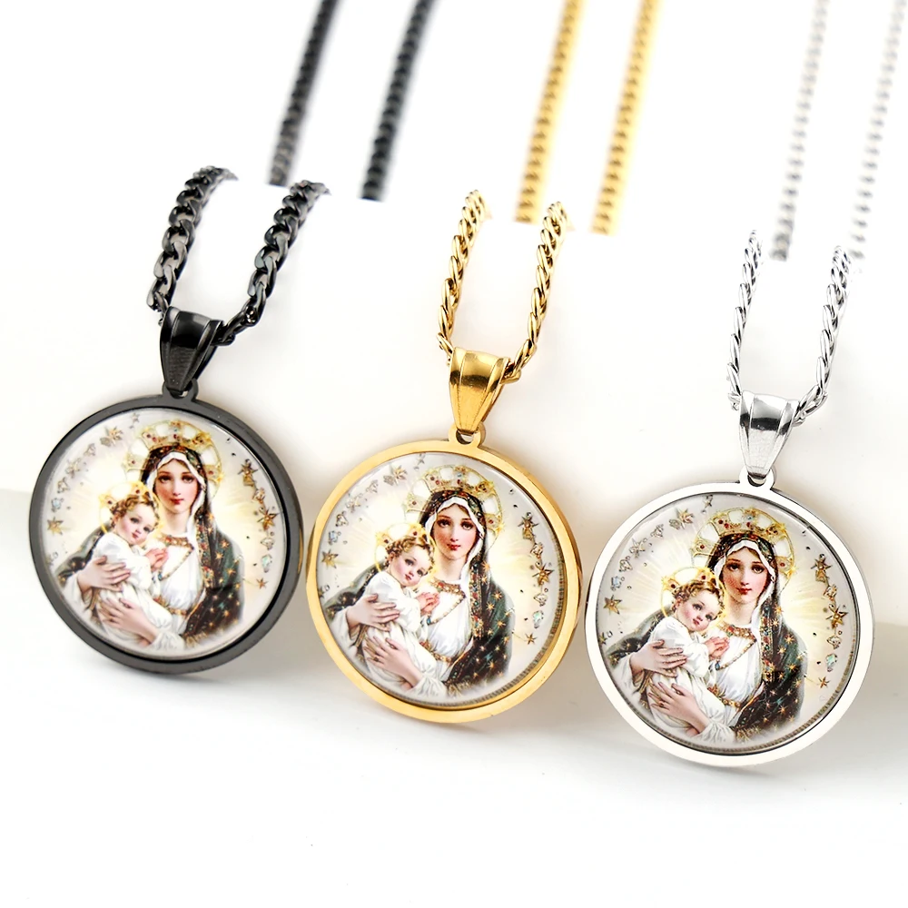 Virgin Mary Hold Baby Jesus Glass Pendant Necklace for Women Men Stainless Steel Gold Color Catholic Mother Mary Chain Jewelry