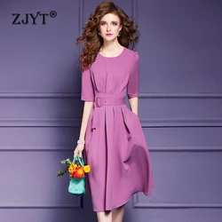 ZJYT New Spring Elegant Dresses for Women 2024 Designer Short Sleeve Simple Office Dress Aline Daily Casual Blue Vestidos