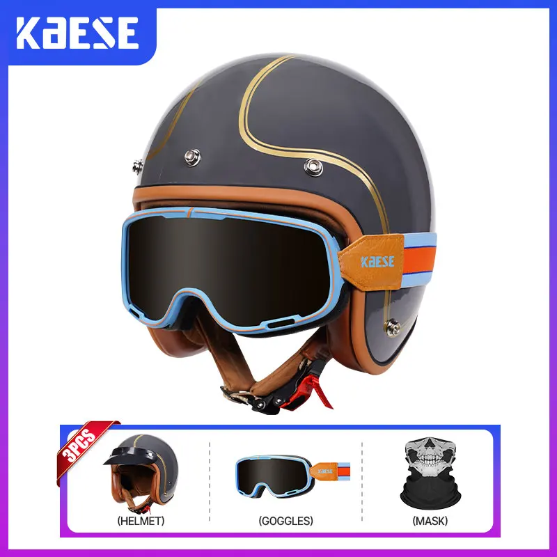 Open Face Helmet Retro 3/4 Motorcycle Helmets with Goggles Men German Style Jet Helmet Moped Pilot All Seasons DOT