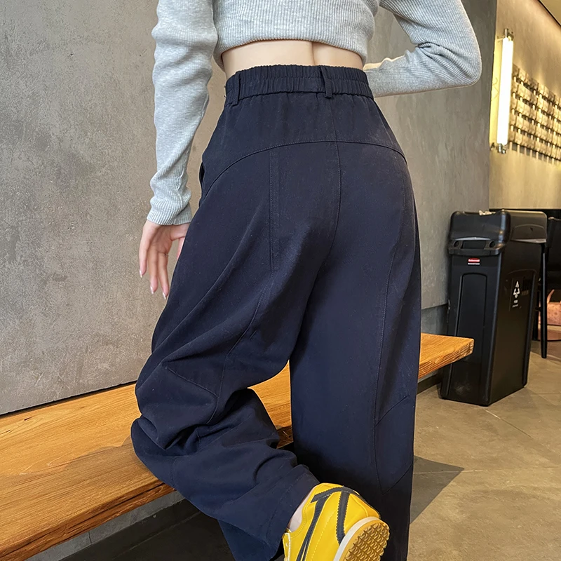 Vintage Elastic Waist Pants Women High Waist Wide Leg Ankle-length Black Pants Female Korean Fashion Zip Up Harem Pants Girls