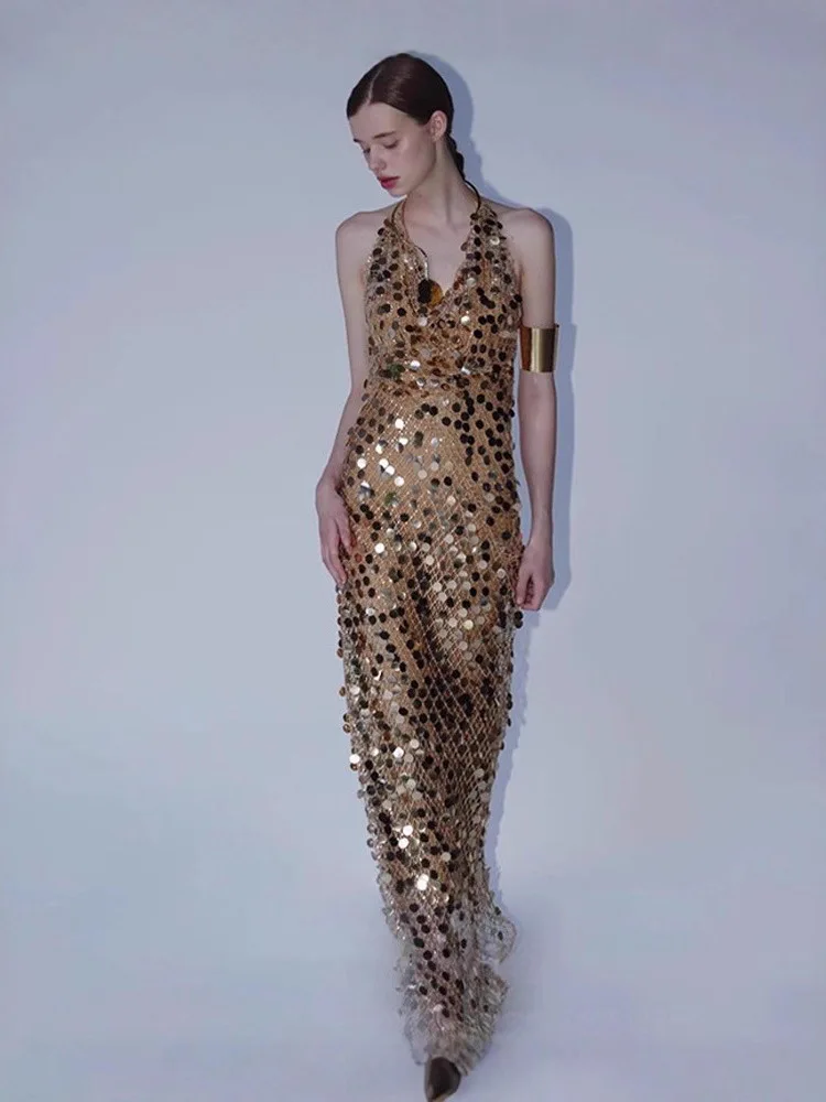 

Ele Slim Fit Bal Evening Dr with Sequins Heavy Work Ne Hanging Long Skirt for Women in Summer Polyester Fa...