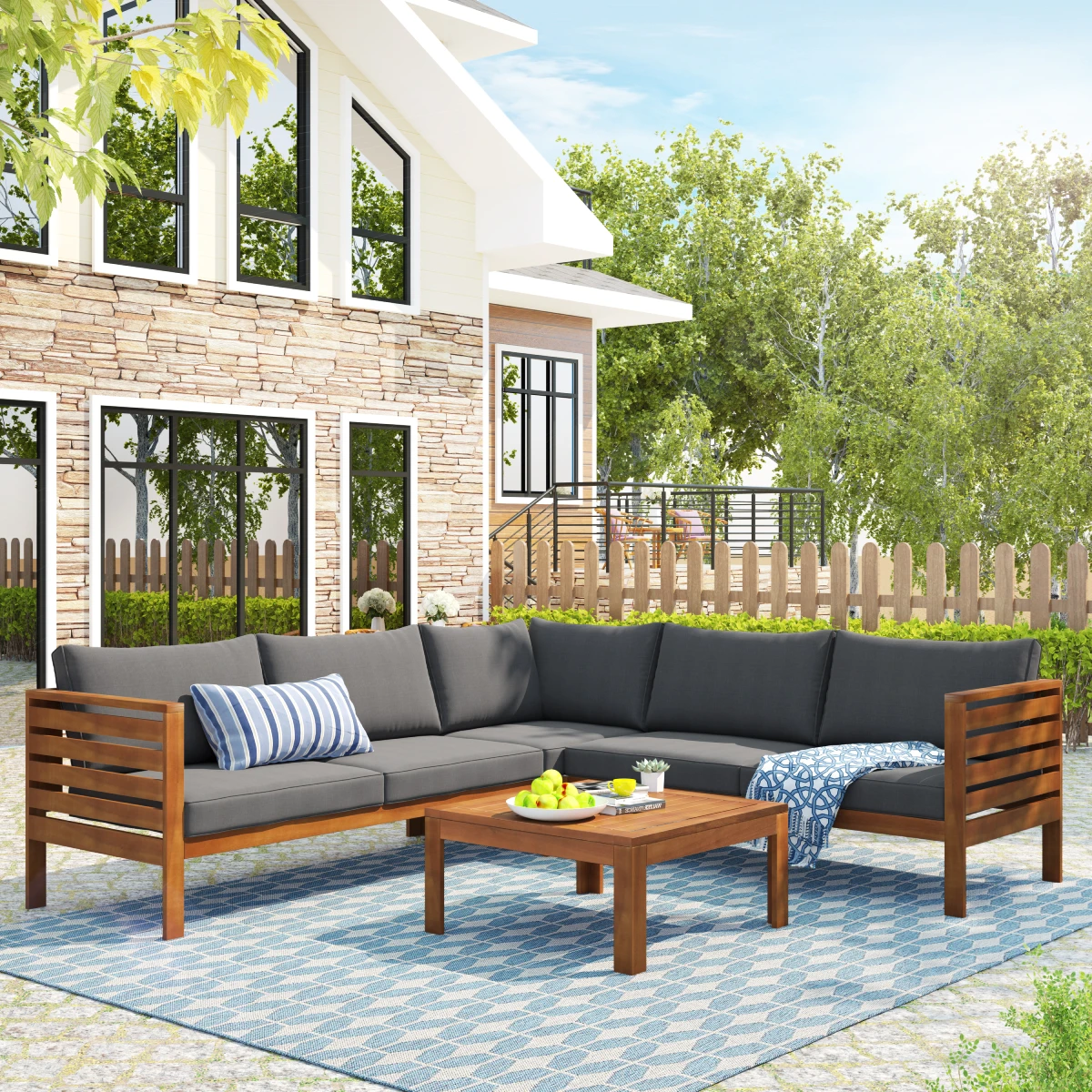 

Wood Structure Outdoor Sofa Set W/Gray Cushions Water-Resistant&UV Protected Texture 2 Double Sofa+1 Corner Sofa+1 Coffee Table