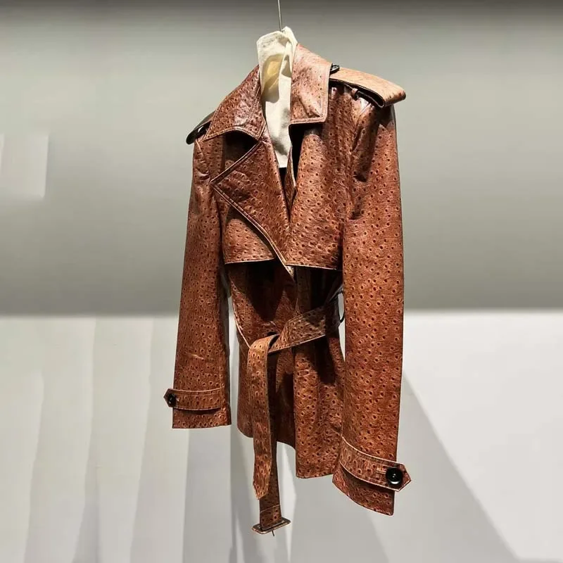 Luxuriöse Atmosphäre, echtes Leder, Jacke mit Gürtel, lässiger Stil, Damenmantel, Frühling und Herbst 2024, kurze Länge