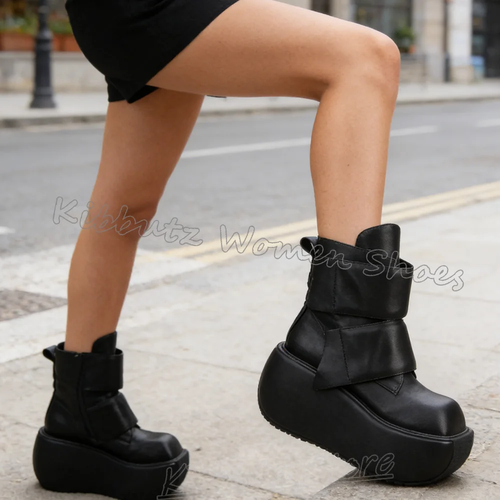 

Современные женские ботинки на платформе с застежкой-липучкой, кожаные, однотонные, с круглым носком, на толстой подошве, модные, роскошные, элегантные, лаконичные, сексуальные