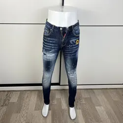 Ultimo designer di moda nuovi jeans da uomo, lavati, ricami dipinti vintage, elastico slim fit hombre