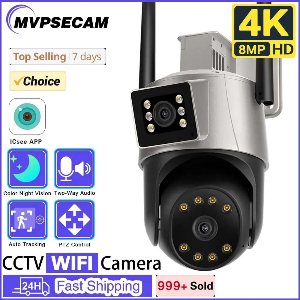 4K WiFi IP Camera Outdoor HD Color Night Vision 4MPX2 Dual Lens Dual Screen PTZ 8MP Motion Auto Track Security Monitoring CCTV