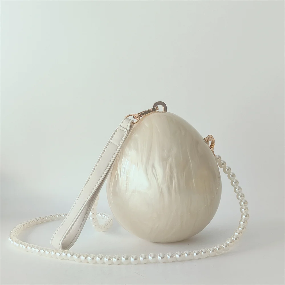 

Pear Egg Big Size Acrylic Hard-Case Handbag Wristlet Strap Long Pearls Chain Cross Body Purse Women's Elegant Clutch Evening Bag
