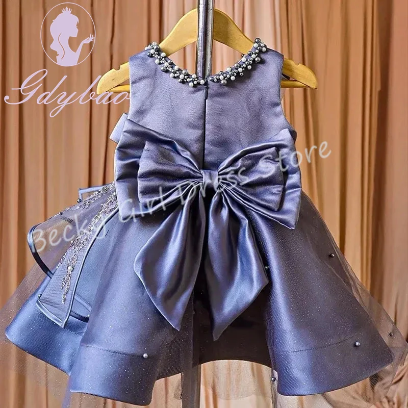 Элегантные платья с цветочным узором для девочек по индивидуальному заказу на свадьбу, блестящий тюль с жемчугом, плиссированный дизайн, платье для фотосессии для маленьких девочек