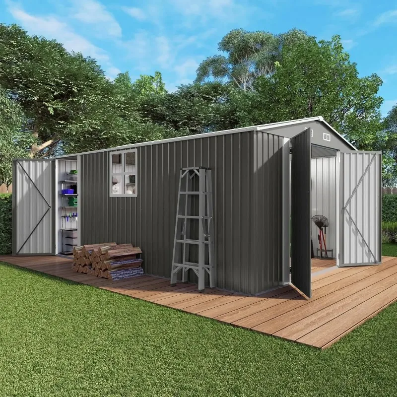 10x14x6.7FT Galvanized Metal Storage Shed Waterproof Garden Tool House Lockable Door Window Outdoor Backyard Equipment