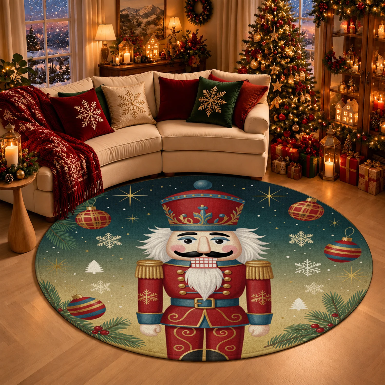 Nutcracker Christmas Snowflake Bauble Round Velvet Rug Machine Washable For Living Room Bedroom Dining Entryway Halloween Thanksgiving Christmas New Year