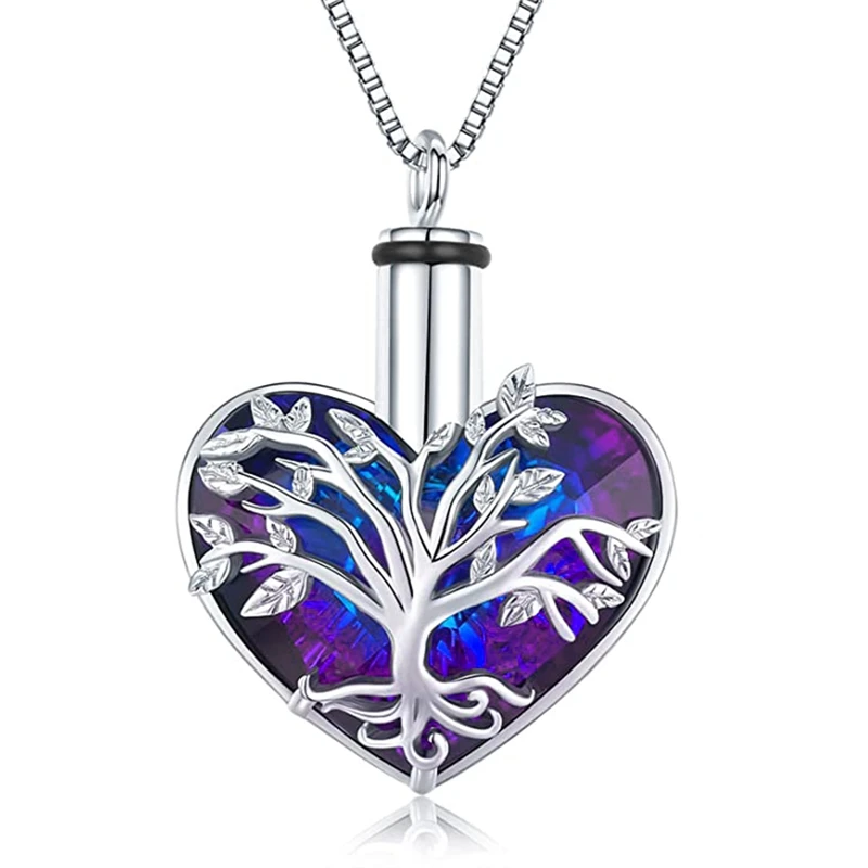 Memorial Jewelry for Human/Pet Love Heart Blue/Purple Cyrstal Pendant Ashes Necklace Family Tree Keepsake Mini Box Jewelry