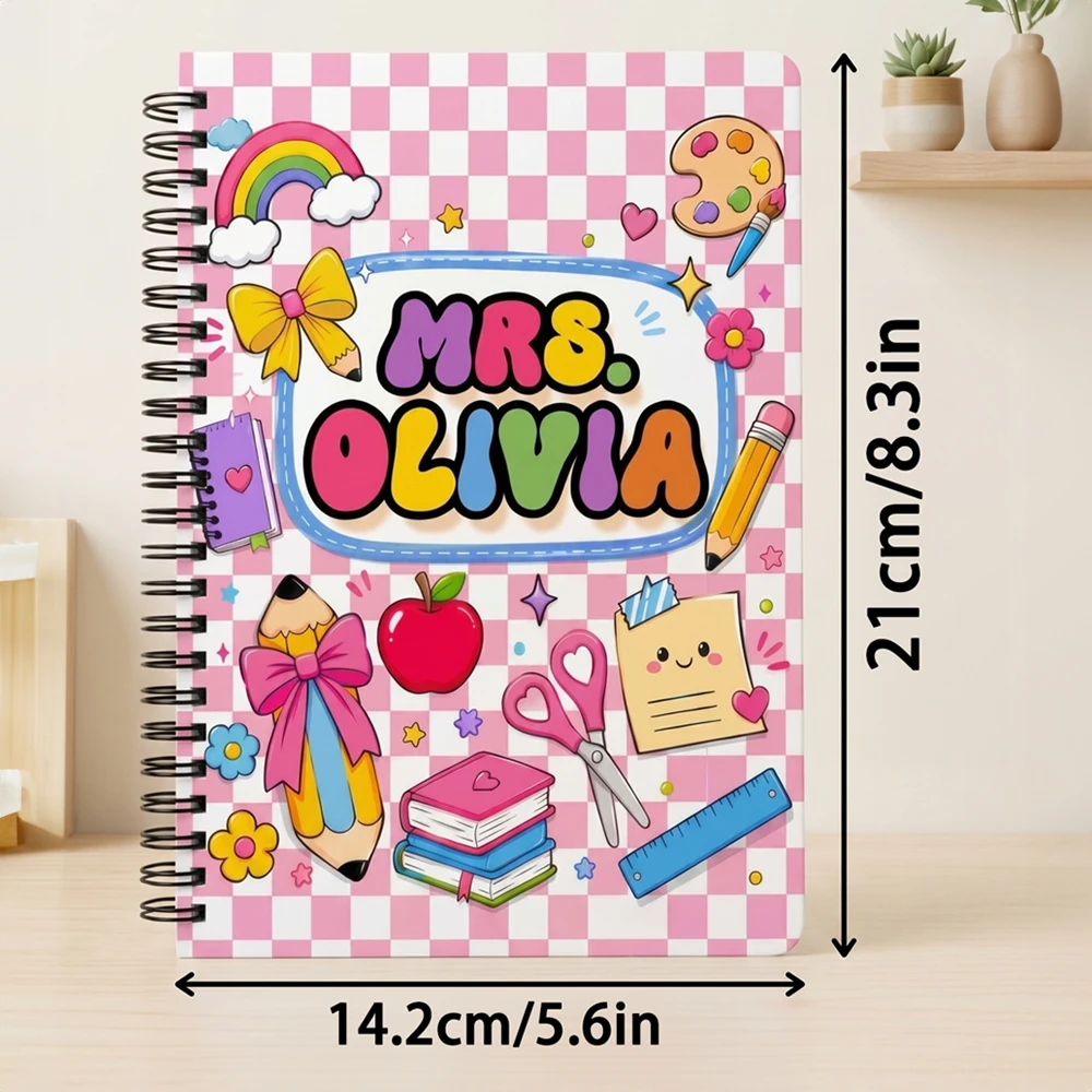 Personalized Custom Name Spiral Notebook Pink Checkered Teacher Journal Cute Cartoon Back to School Gift Writing Supplies