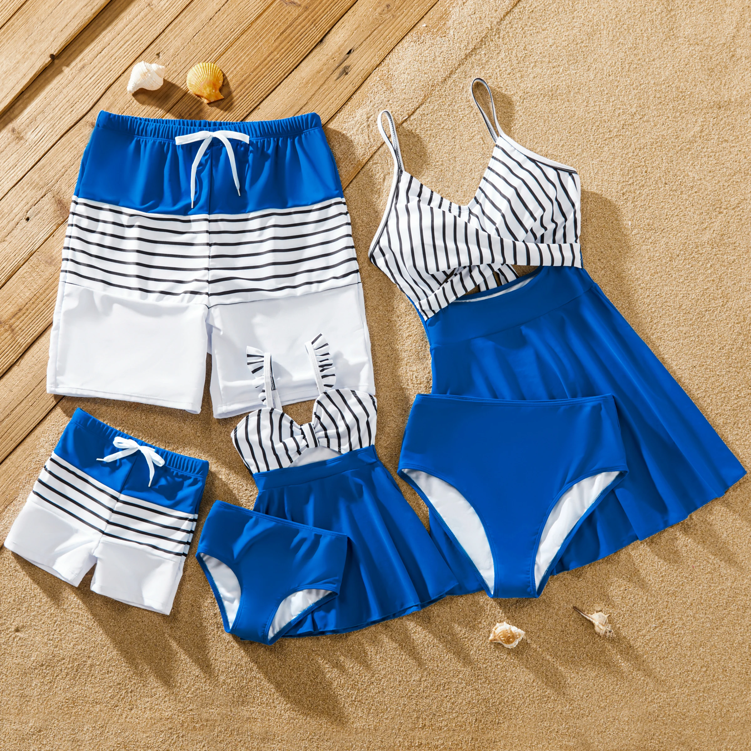

PatPat Matching Family Swimsuit Colorblock Drawstring Swim Trunks or Striped Blue Spliced Tankini