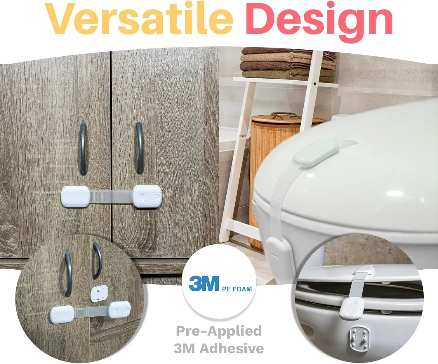 Child Safety Locks for Cabinet Doors Drawers Fridge Toilet Seat Dishwasher Trash Can - No Drilling Required Baby Proofing Kit