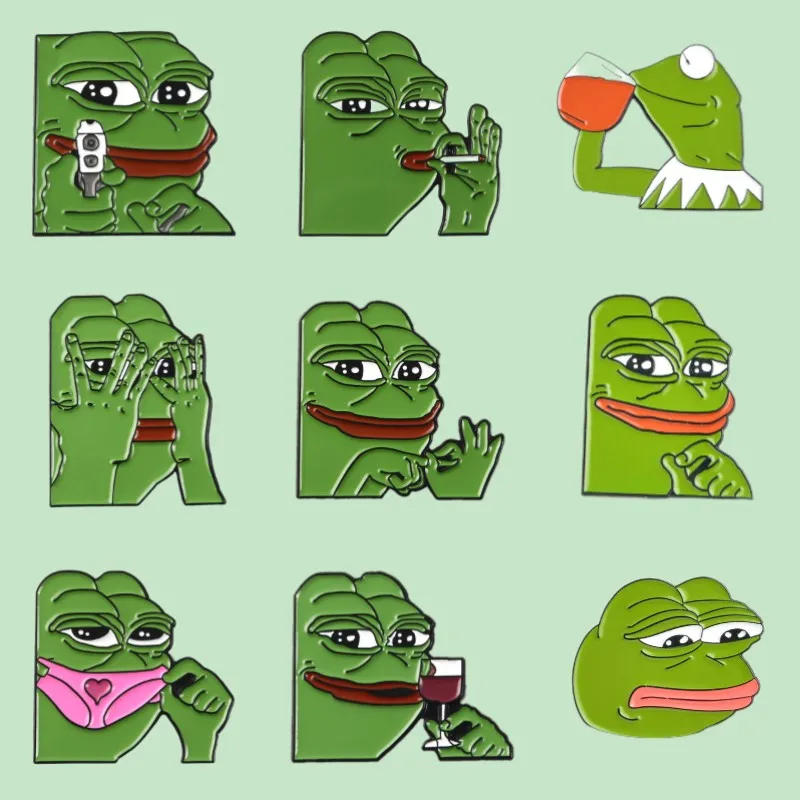 Cartoon Pepe The Frog Meme Enamel Pins Shooting Pyramid Thinking Drinking 10 Styles Animal Badge Brooch Jewelry Gift for Friend