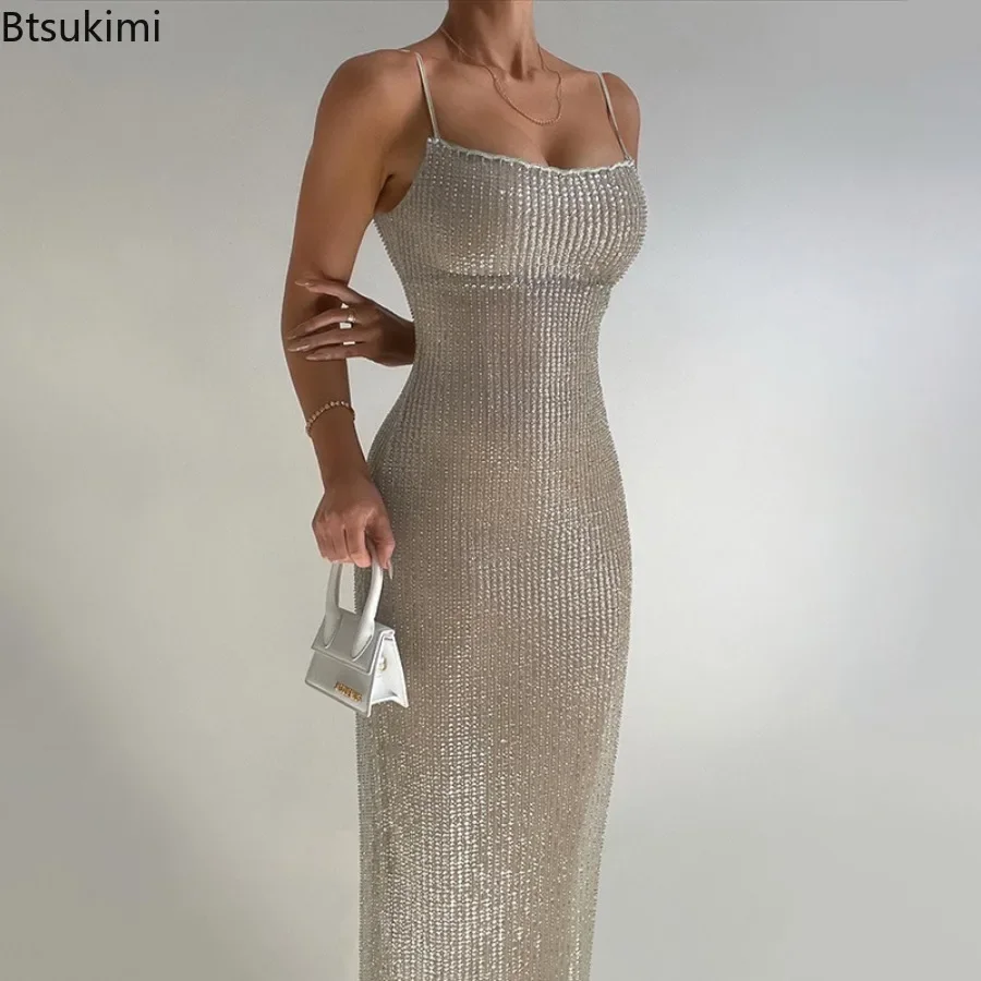 

New 2025 Spaghetti Strap Sparkle Maxi Dresses Women's Glitter Elegant Sleeveless Sling Dress Sexy Party High Waist Bodycon Dress