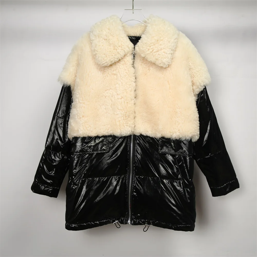 

LUHAYESA Women Cute New Bazaar Lamb Fur Coat Ladies Winter Warm Real Fur Overcoat